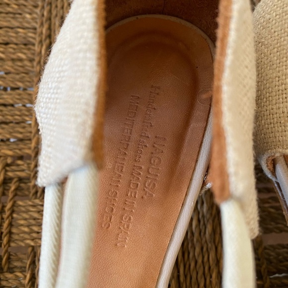 Anthropologie Shoes Women’s 36 Naguisa Yerma Natural Linen Peep Toe Sandals Heel - Picture 7 of 11